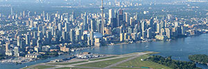 Skyline with airport in foreground