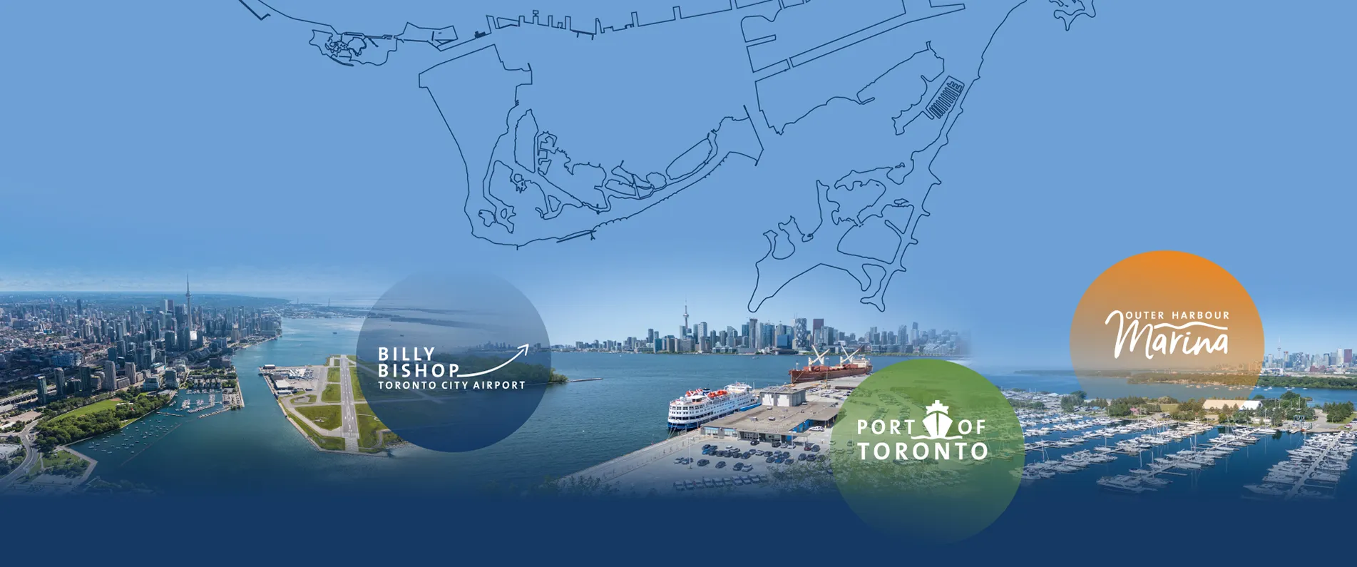 Aerial photo showing the Toronto skyline, port and marina